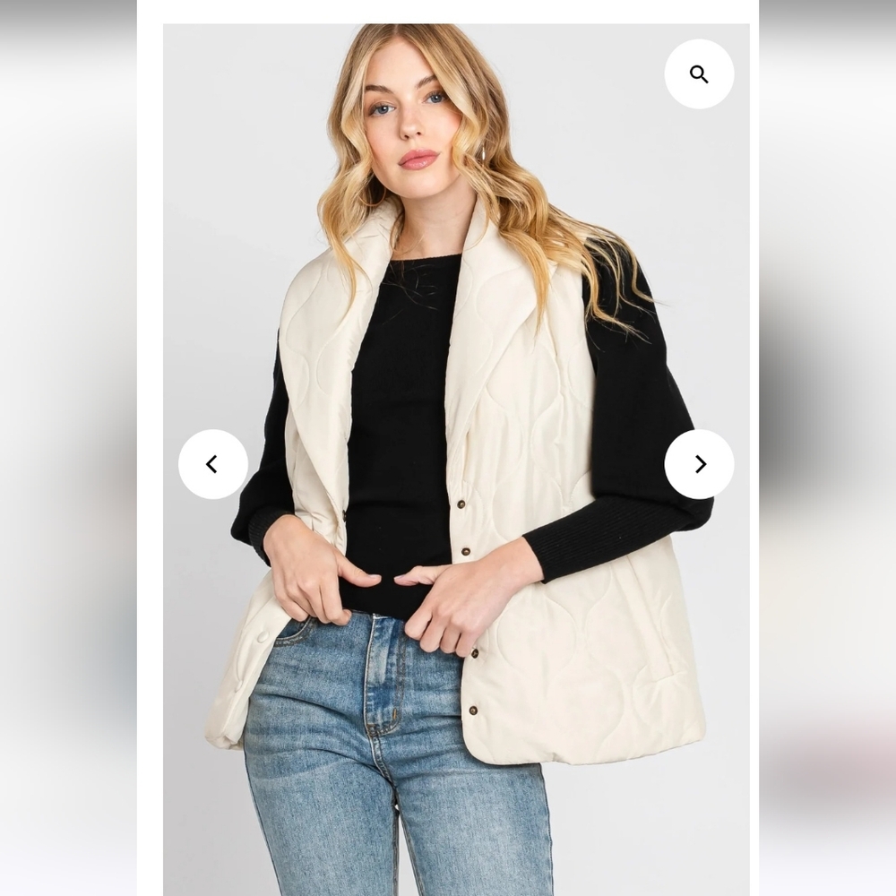 Calista Women's Quilted Vest Cream With Lapel Collar, Size Medium